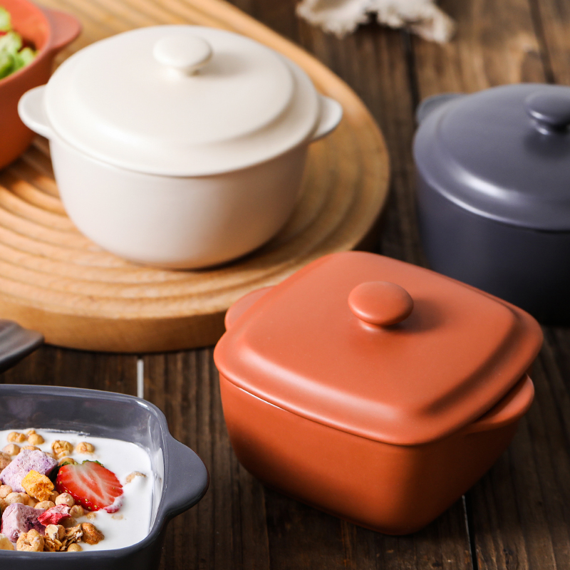 Household Children Bowl Ceramic Anti-Scald Double Ear Microwave Soup Bowl with Lid