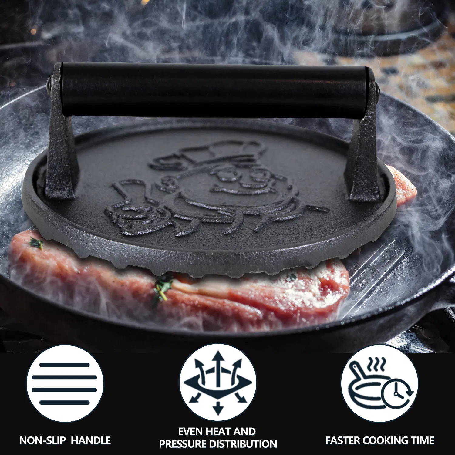 Cast Iron Grill and Burger Press - Round Meat Press for Cooking