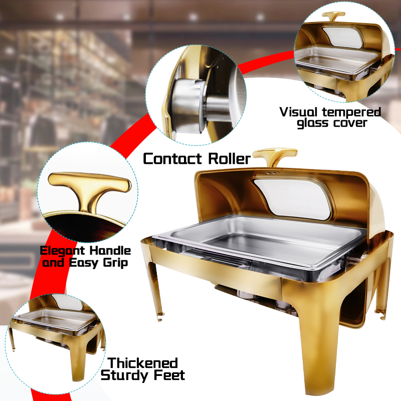 Daosheng Bespoke Export Buffet Catering 9 Liter Stainless Steel Gold Color Chaffing Dishes Buffet Set Food Warmer