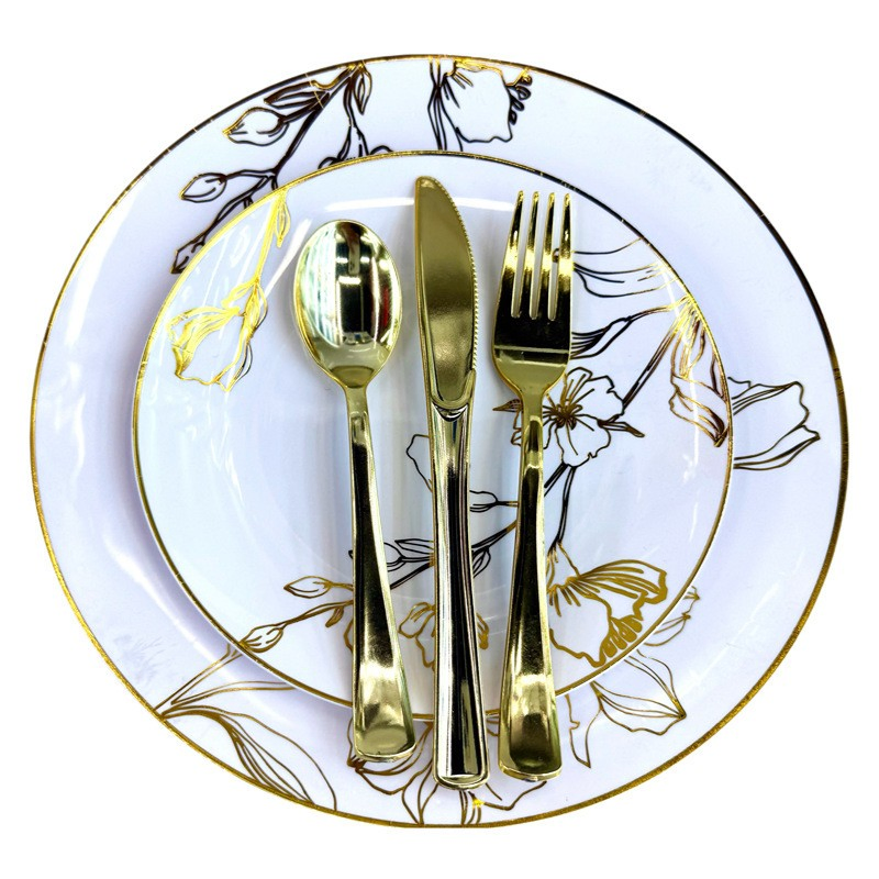 Disposable White Plastic Dinner Plates with Color Pattern 7.5-10.25 Inches Round Shape for Weddings Christmas and Parties