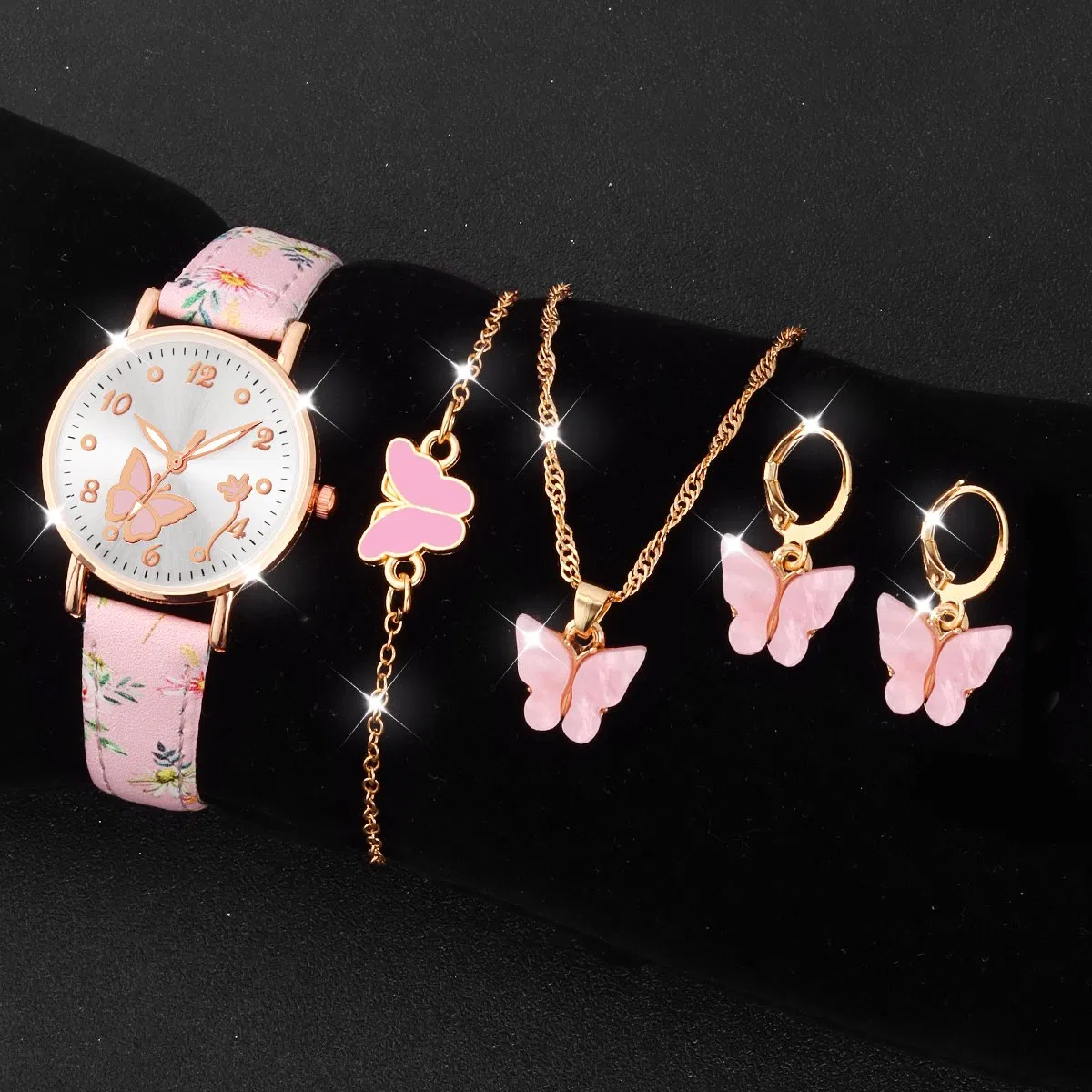 Romantic and Casual Women's Floral Print Watch and Butterfly Jewelry