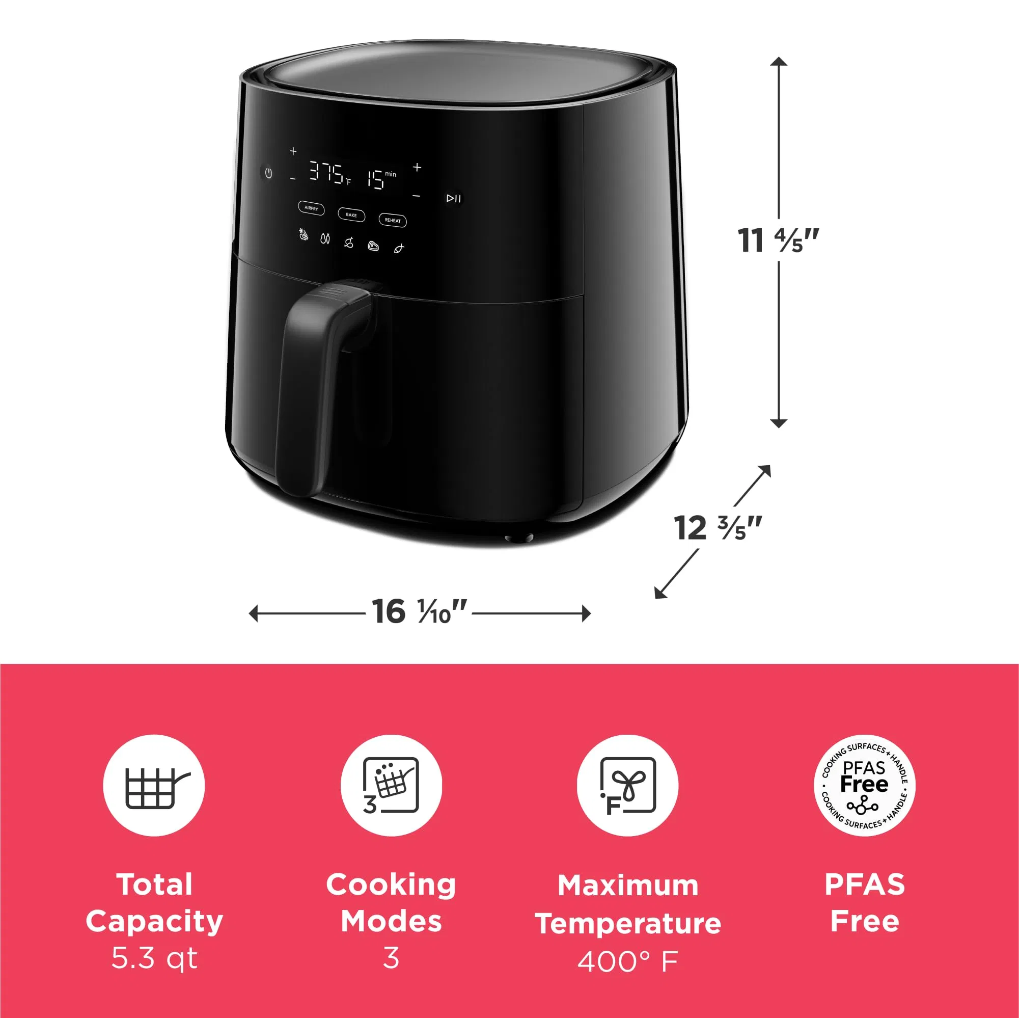 Pfas-Free Multi-Function Large 5.3 Qt Capacity Oil-Free Energy-Saving 3-in-1 Air Fryer