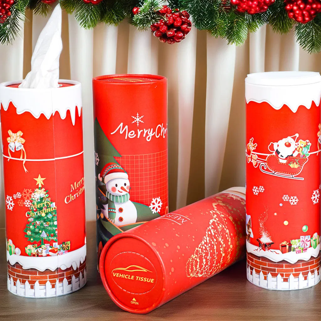 Christmas Design Eco-Friendly Disposable Cylinder Tissue Box Quality Soft Car Facial Tissues