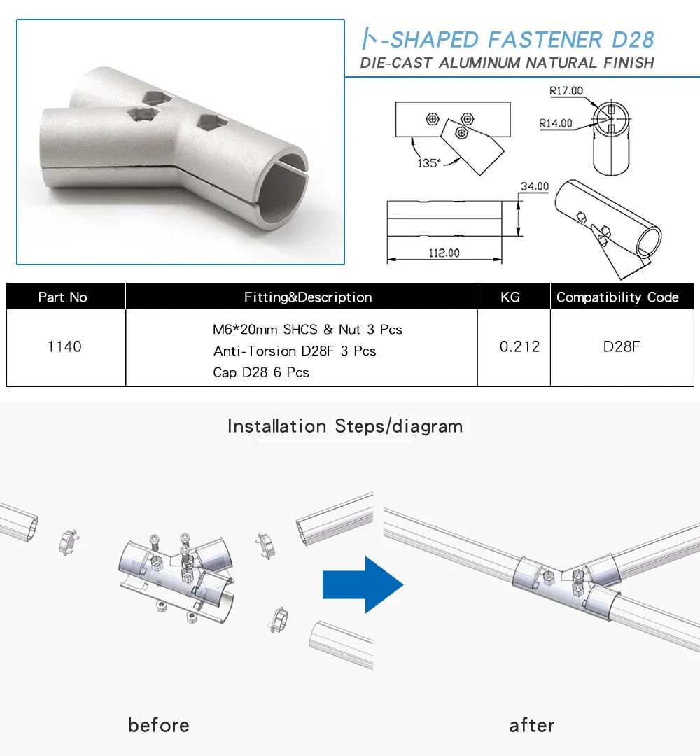 China Manufacturer RoHS Cbam OEM ODM 1140 Silver White Y Shape Fasteners for Aluminium Tube D28 in Aluminium Material Aluminum Extrusion