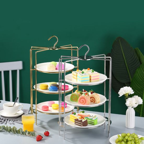 Three-Layer Ceramic Plate Dim Sum Rack Dessert Buffet Stainless Steel Pastry Fruit Tray