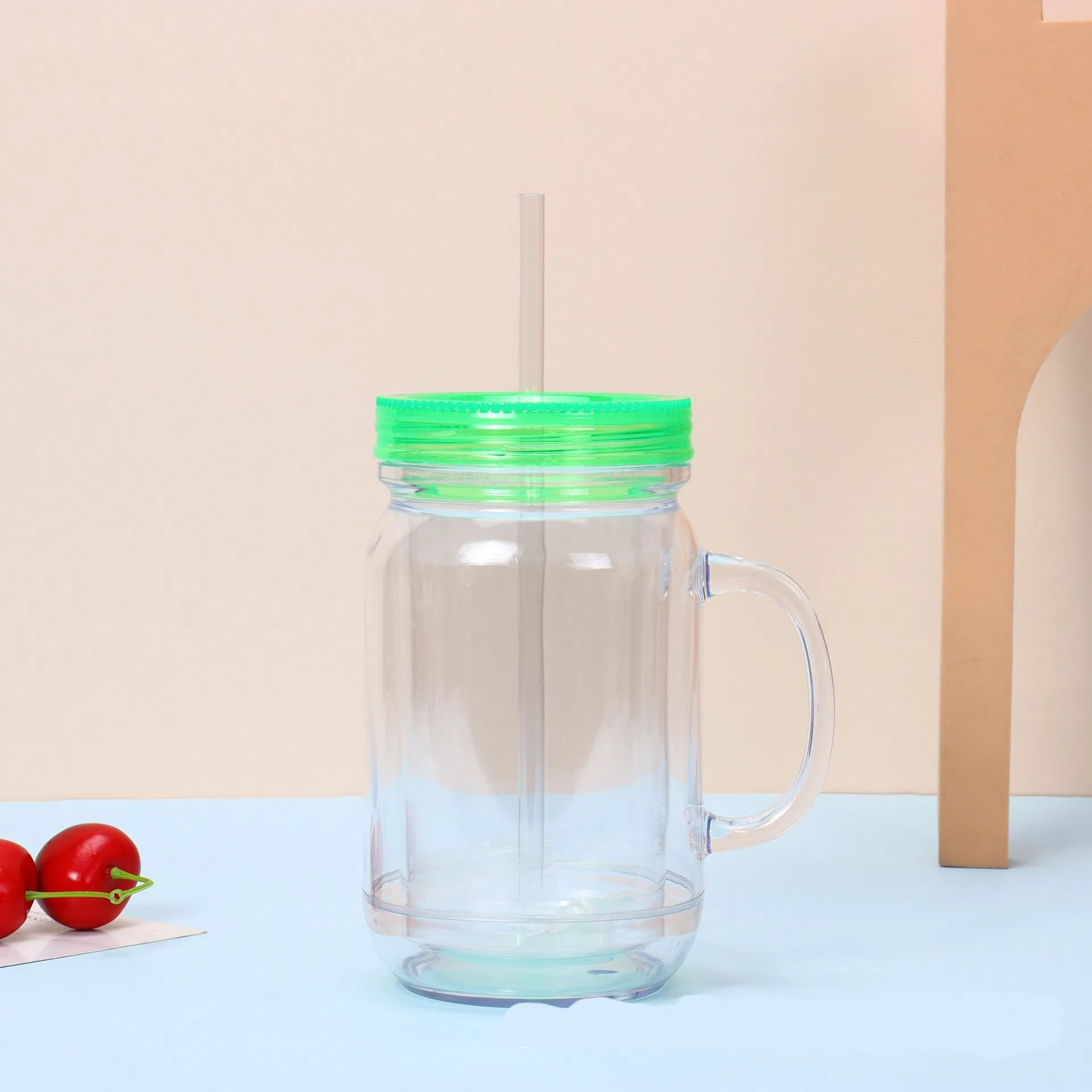 Transparent Clear Drinking Water Bottle 20oz Pre-Drilled Snow Globe Mason Jar Acrylic Plastic Double Wall Cup with Handle