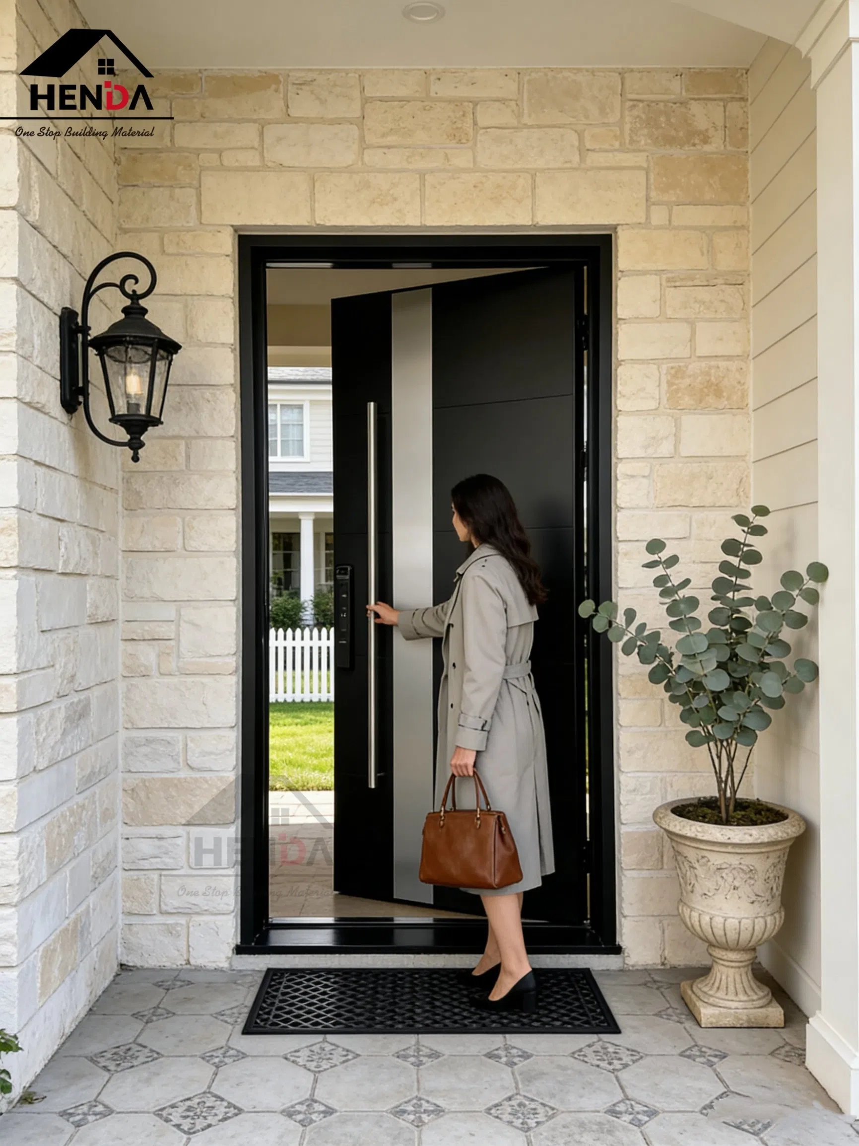 Foshan Factory Direct Modern Design Custom House Luxury Villa Main Exterior Entrance Entry Front Metal Stainless Security Hinged Pivot Steel Door