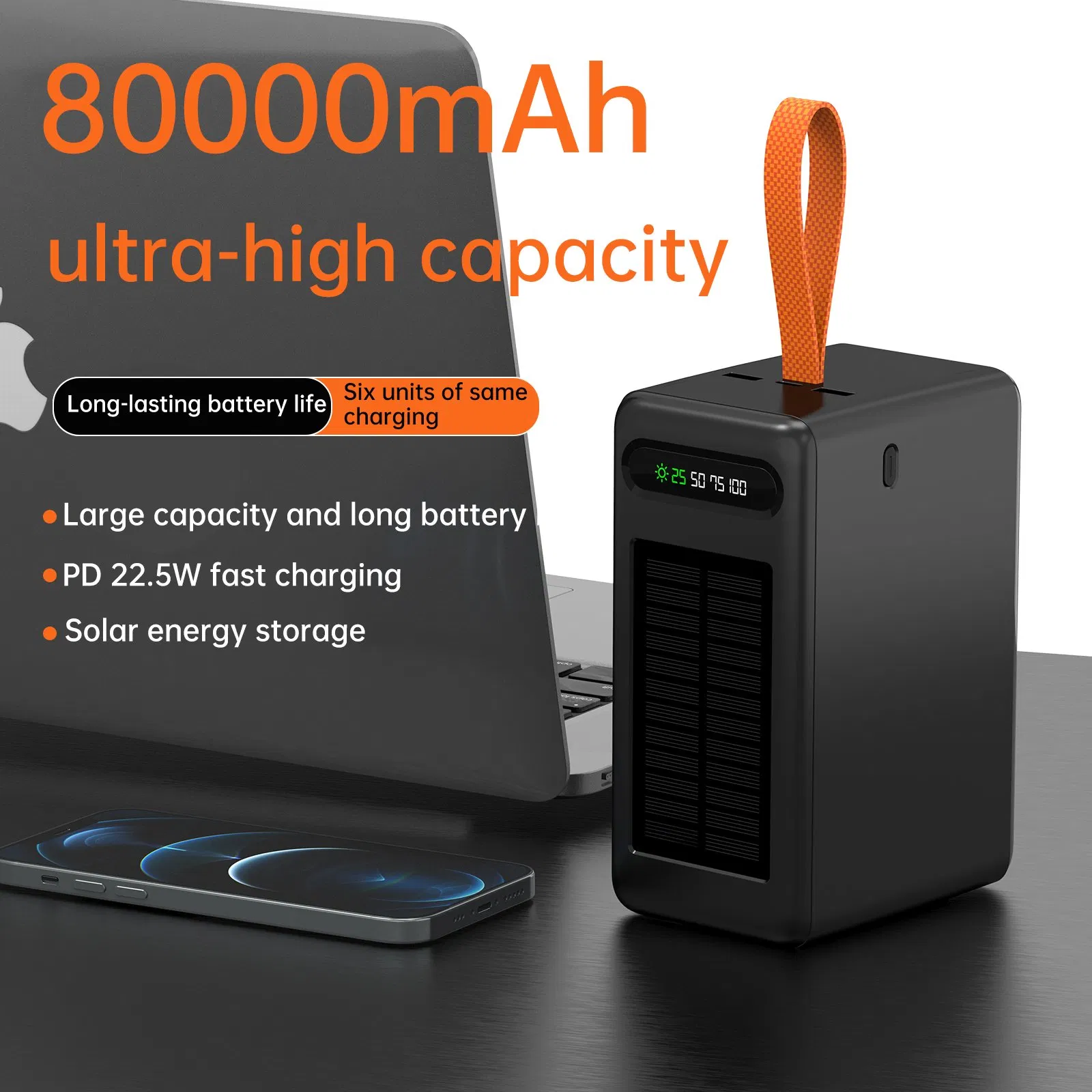 80000mAh Portable Solar Power Bank 22.5W Built-in Cable Battery Charger Aspor A377