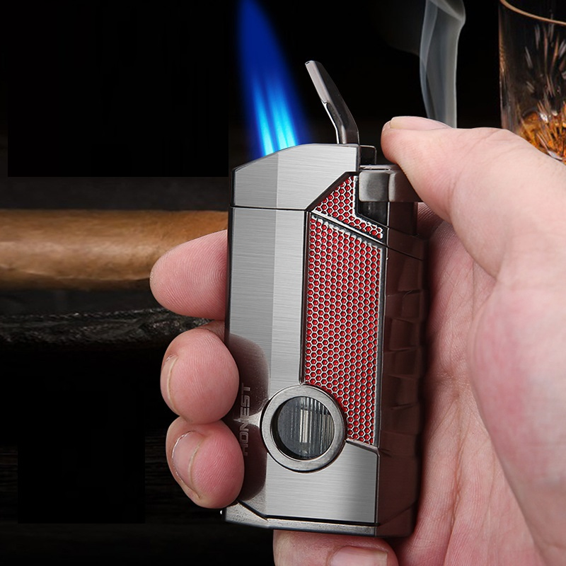 Refillable Torch Cigar Lighter with Built-in Cigar Punch, Cigar Holder, Triple Windproof Jet Flame Lighter with Gift Box