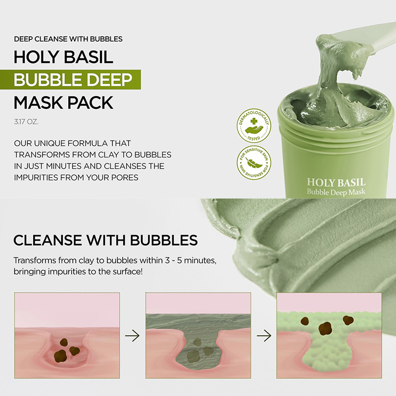 Holy Basil Bubble Deep Mask Holy Basil & Carbonated Water for Cleansing Pores & Blackheads Korean Clay to Bubble Wash-off Pack B