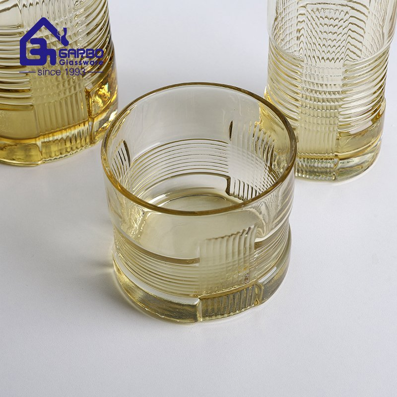 Amber Color Handmade Picture with Tumbler Engraved Design Glass Water Jug Set