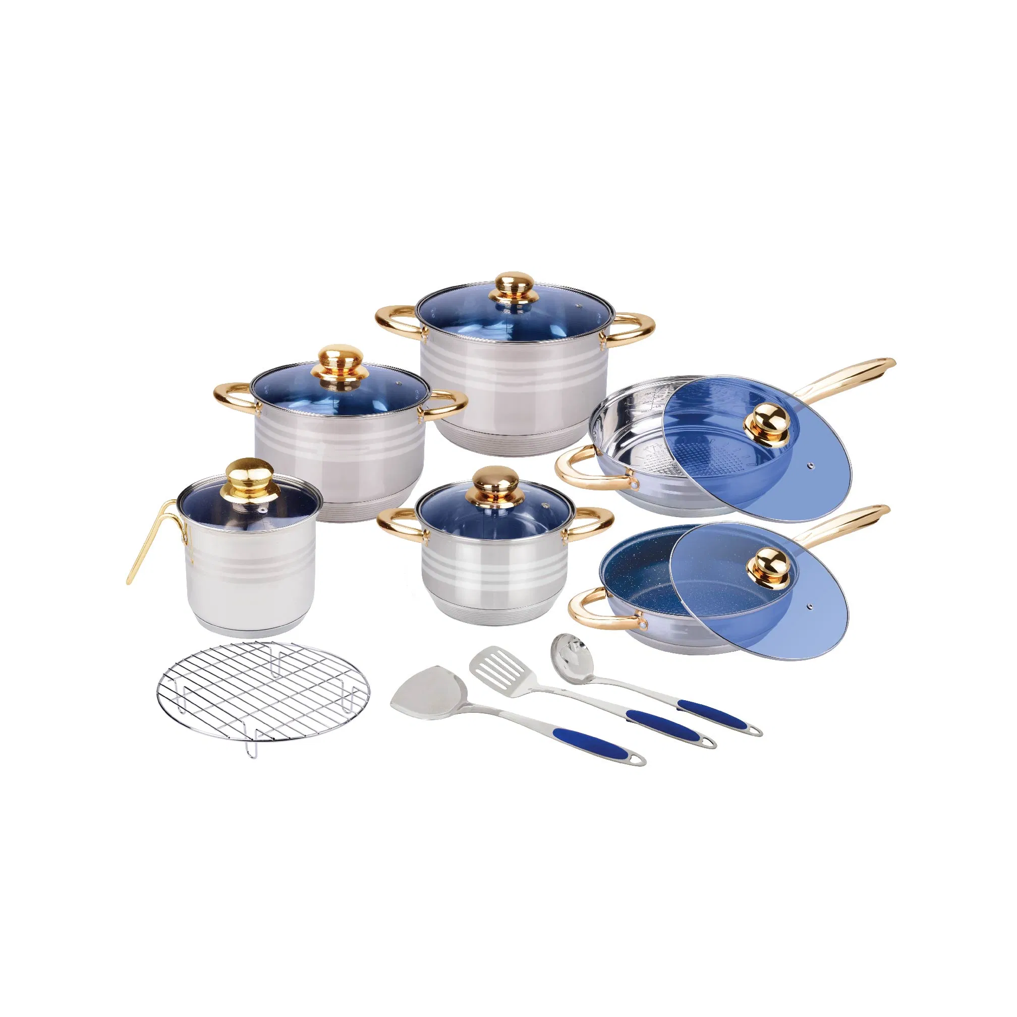 Wholesale Kitchen Utensils Blue Lids Pot Pan Cookware Set