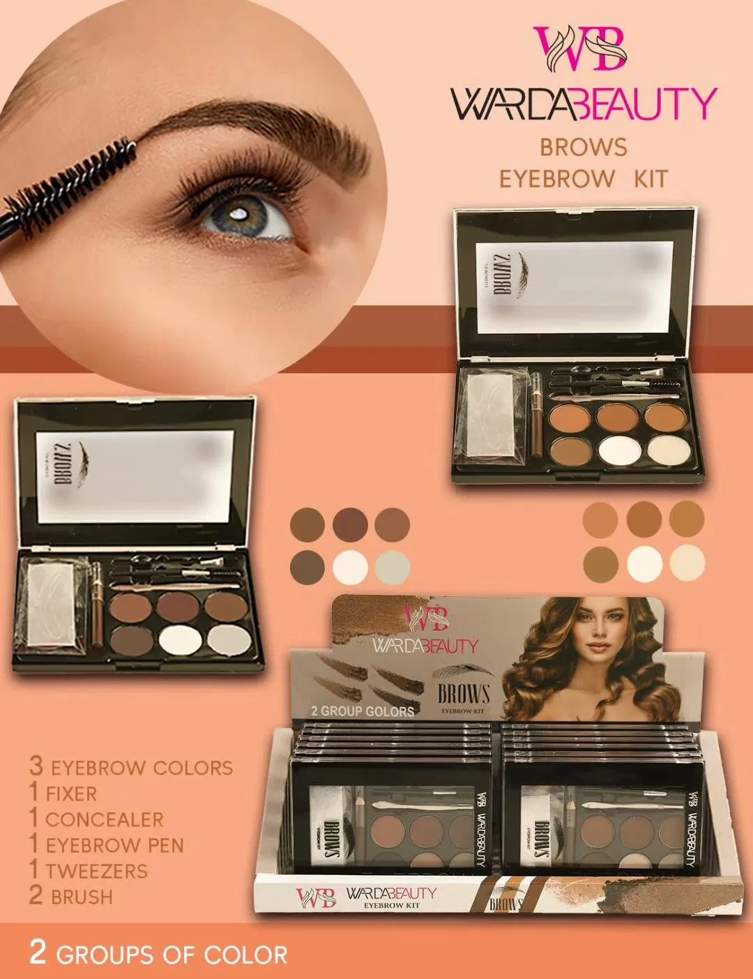 6 Long -Lasting Eyebrow Powder Shadow Shadow Palette with Soft Brush and Mirror
