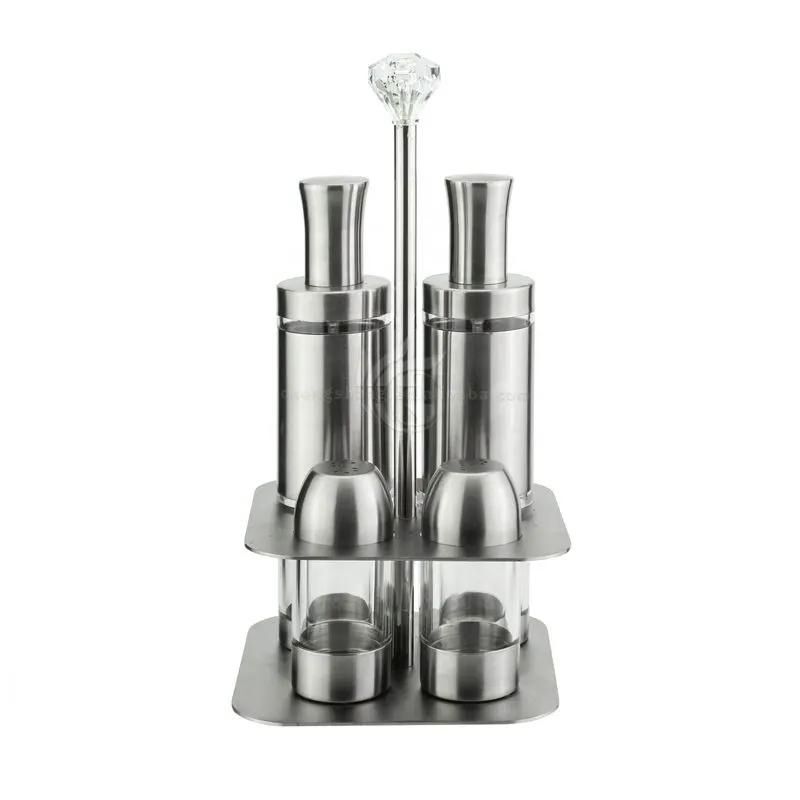 Metal Holder Stand Stainless Steel Salt Shaker Oil Bottle Dispenser & Salt Pepper Shaker 4PCS Seasoning Set