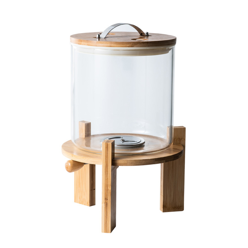 5L 8L Kitchen Glassware Food Grade High Borosilicate Glass Bulk Rice Grain Dispenser Glass Set with Bamboo Stand Airtight Lid