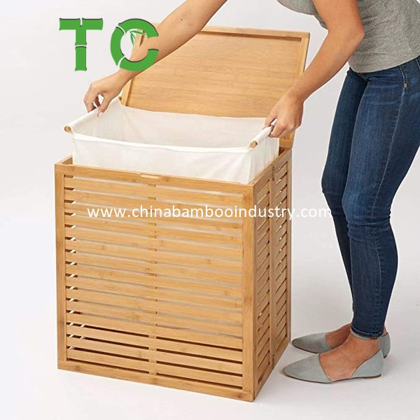 Large Capacity Bamboo Laundry Hamper Basket with Removable Fabric Liner and Decorative Wood Slats Portable and Foldable Laundry Hamper with Lid