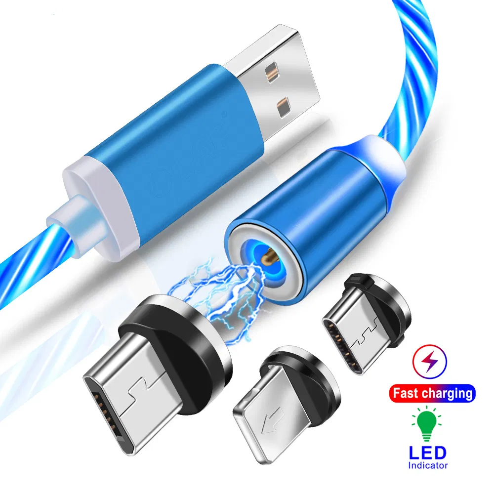 Cheap price USB charging and data cable multifunction flowing LED light magnetic cable 3 in 1 micro/8pin/type C 2.4A USB Charger cable for mobile phone