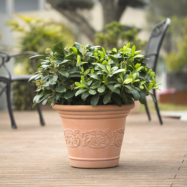 China Manufacturer Engraved Pattern Plastic Garden Pot Lightweight Faux Ceramic Style