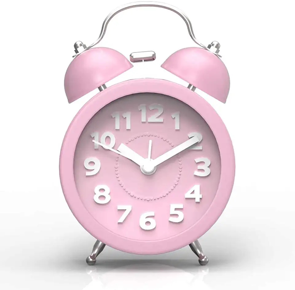 4 Inch Small Cute Mini Twin Bell 3D Number Kids Pink Alarm Clock for Bedrooms Miniature Desk Table Clocks