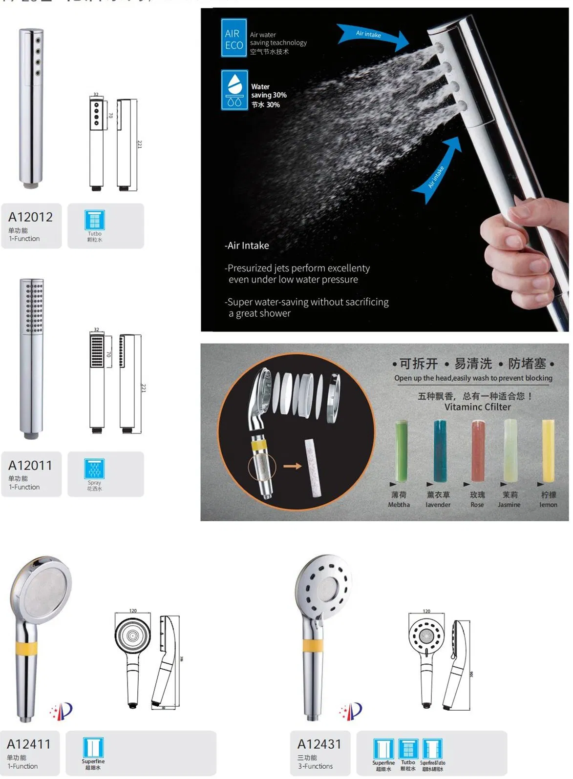 3 Functions High Pressure Sanitary Ware Bathroom Toilet Best Filter Healthy Bath Shower Head Handheld Hand Shower with Removable Ceramic Vitamin Filter