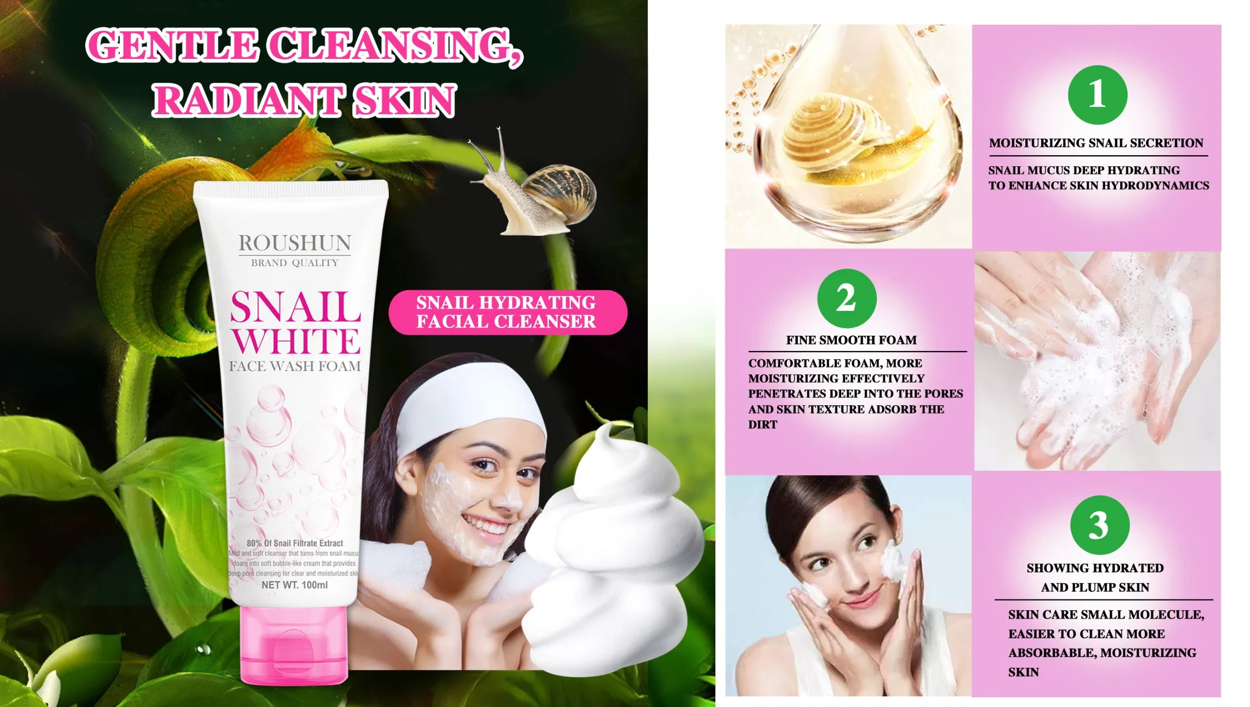 Roushun Face Wash Foam Whitening Skin Moisturizing Firming Oil Control Snail White Facial Cleanser