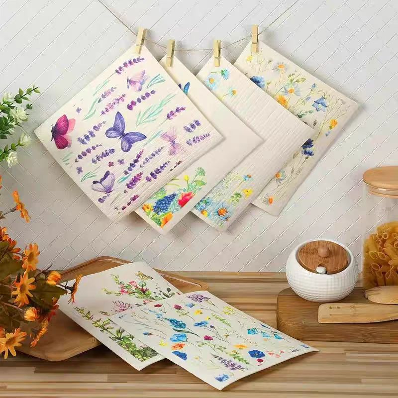 OEM Design Reusable Cellulose Cotton Dish Sponge Cloth Swedish Dishcloth for Dining