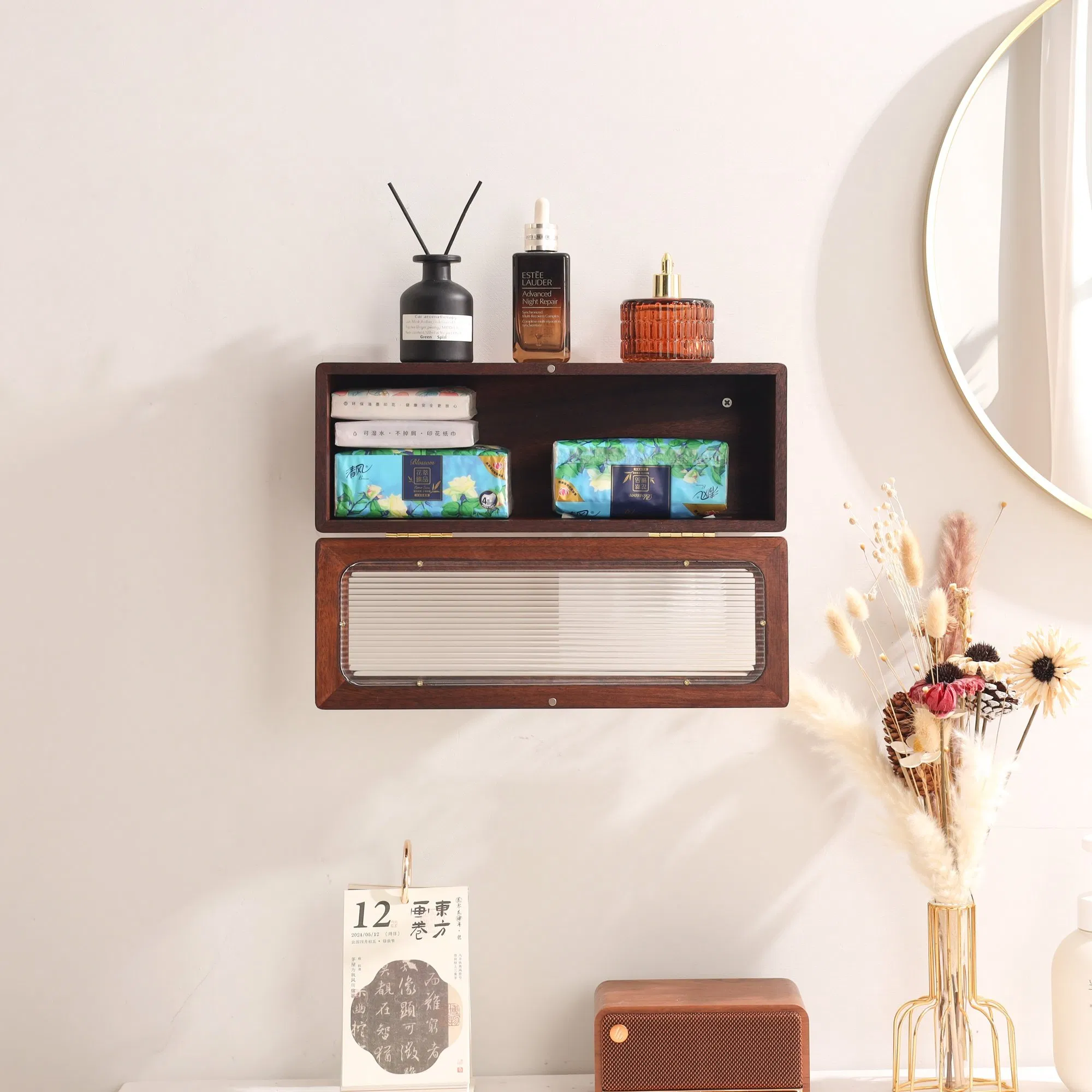 Wooden Box with Kitchen Tissue and Toilet Paper Roll Dispenser Combo