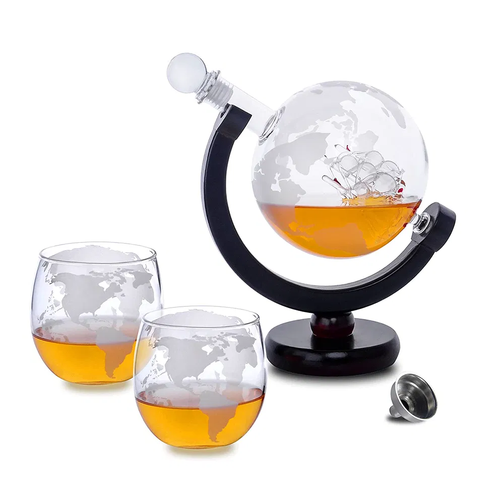 Wood Whiskey Decanter Globe Holder - for Liquor, Whiskey, Bourbon, Vodka or Wine