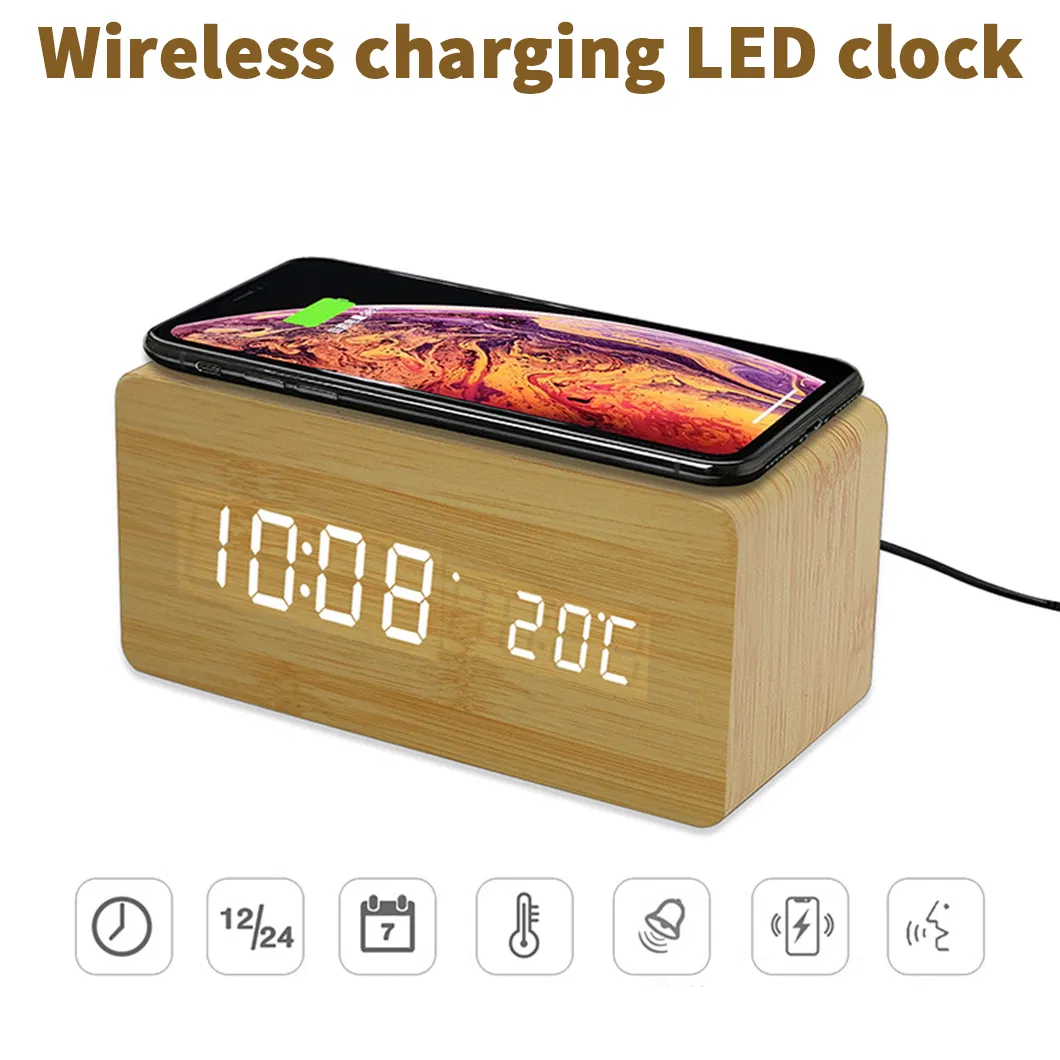 Wooden LED Alarm Clock Wireless Charger Charging LED USB Electronic Desk Digital Alarm Clock