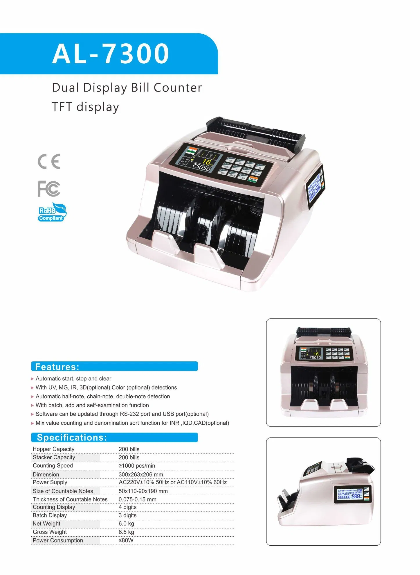 Al-7300 Counterfeit Fake Portable Money Bill Currency Banknote Cash Note Counter Checking Sorting Detector Counting Machine