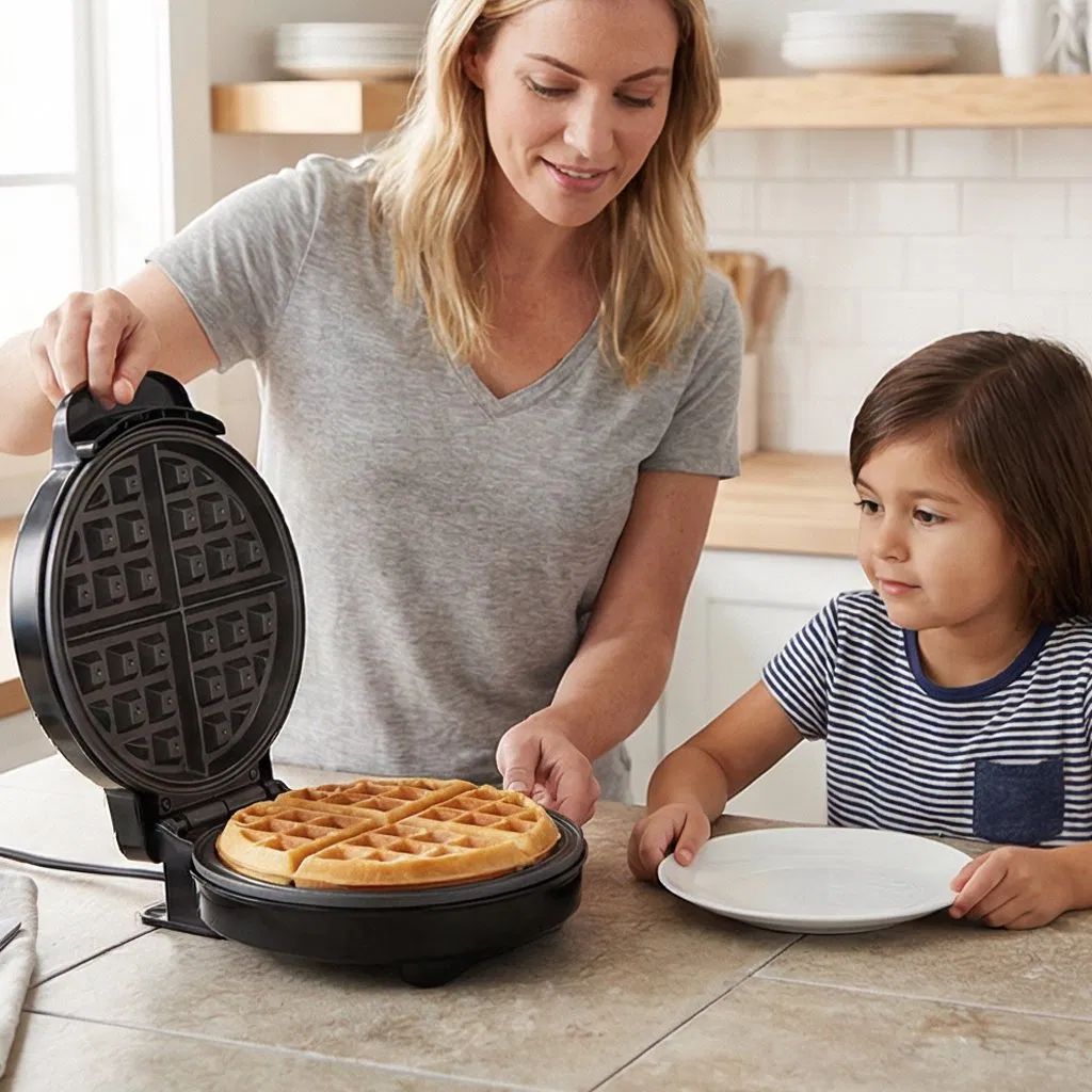 Round Black Waffle Maker for 4 Slices with Non-Removable Plate Ub-816