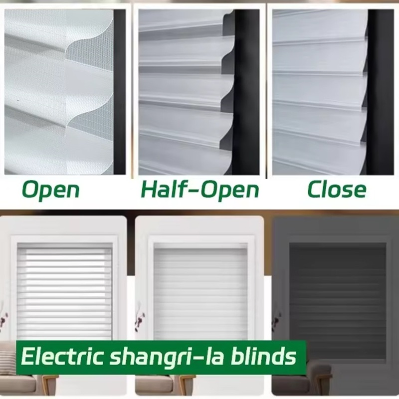 Custom Shangri-La Roller Shades with Stripes Pattern Room Triple Sheer