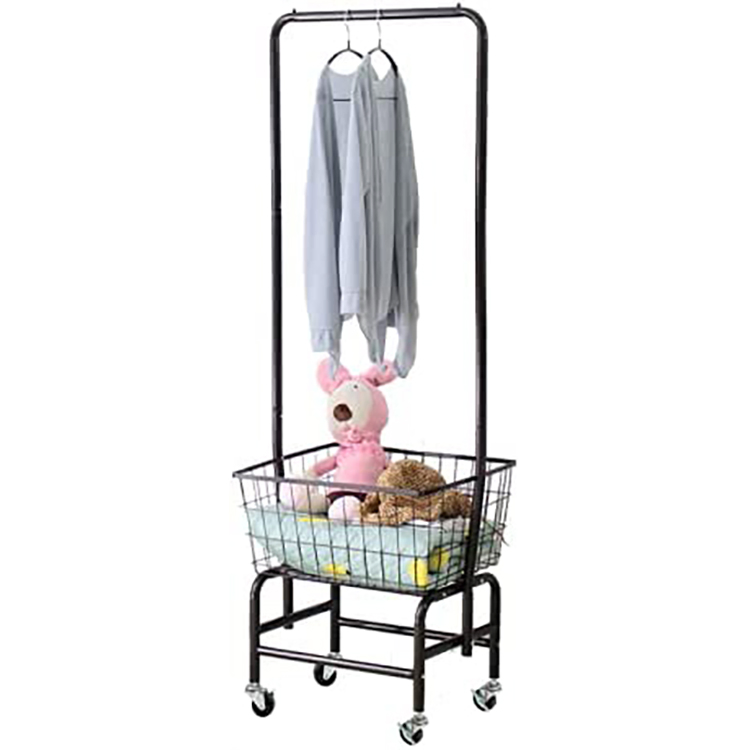 Rolling Laundry Basket Cart with Wire Storage Rack and Hanging Commercial Metal Rack Rolling Laundry Cart