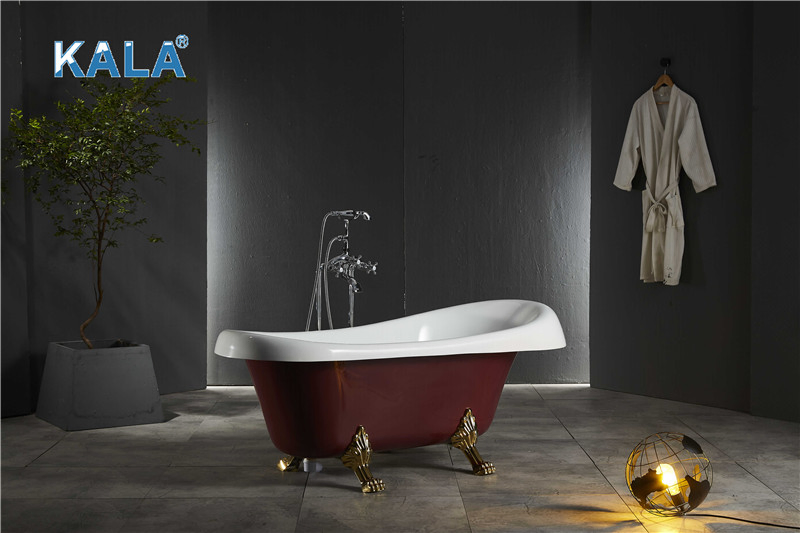 Luxury White and Red Glossy Surface Freestanding Acrylic Soaking Bathtub