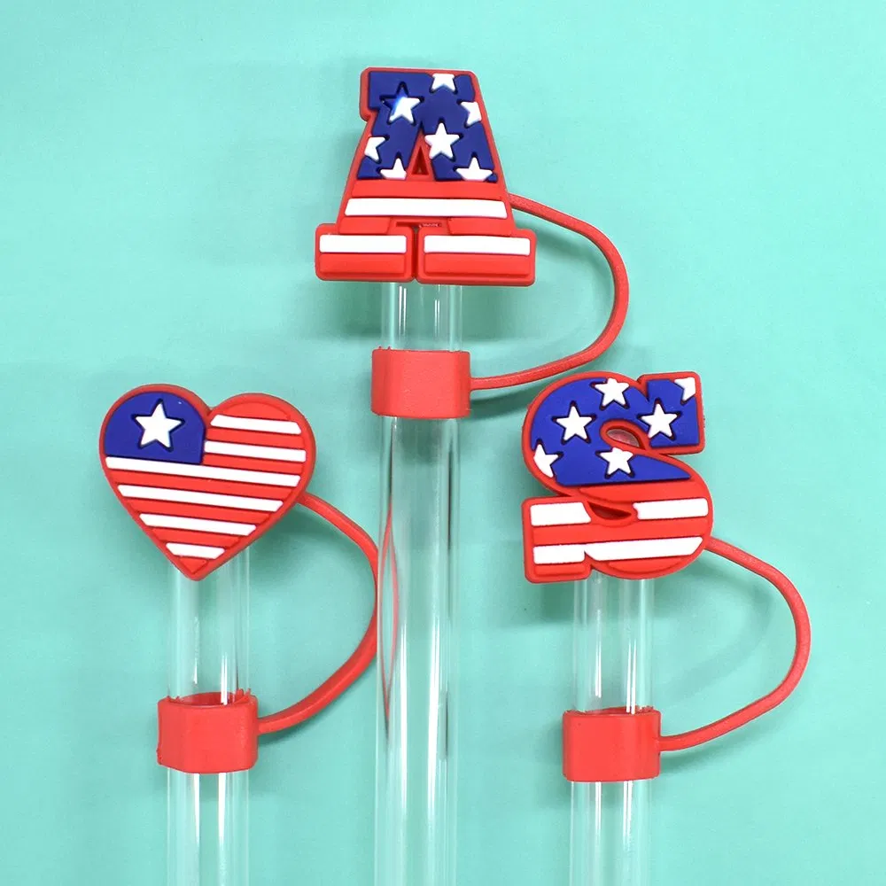 Wholesale American PVC Rubber Straw Topper Custom Heart Shaped Star Shaped and American Flag Shaped Straw Covers