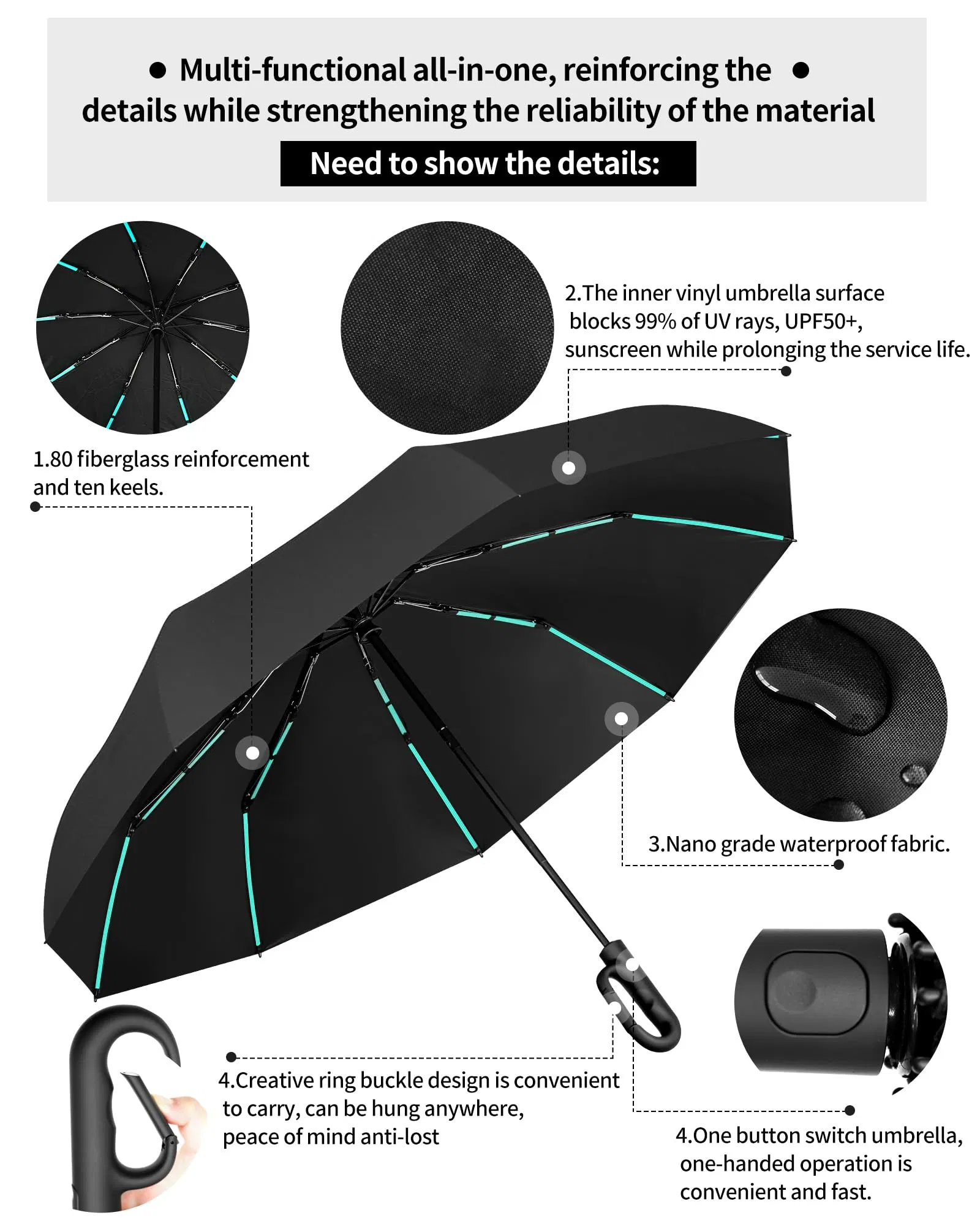 Автоматический ветрозащитный зонт 50-Rib с карабином
