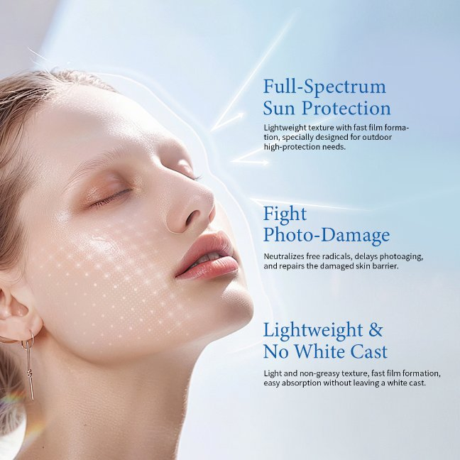 OEM/ODM 5 Ceramides + 7 Plant Extracts Anti-Photoaging Barrier Repair Nourishing 377 Lightweight Sunscreen SPF50+ PA++++ Full-Spectrum No White Cast