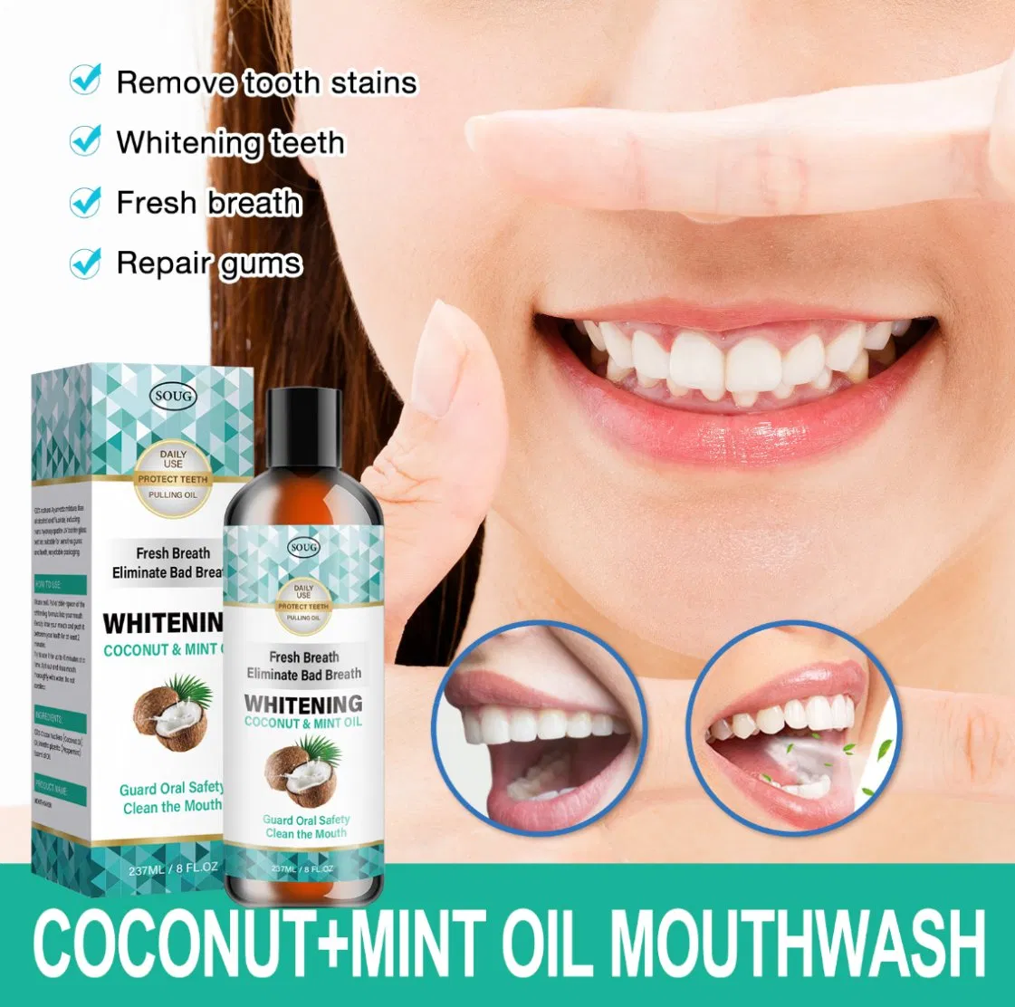 Concentrated Coconut Oil Mouthwash Home Use Teeth Whitening Fresh Oral Breath Tongue Scraper Set Antibacterial Oral Coconut Mint Mouthwash with Tongue Scraper