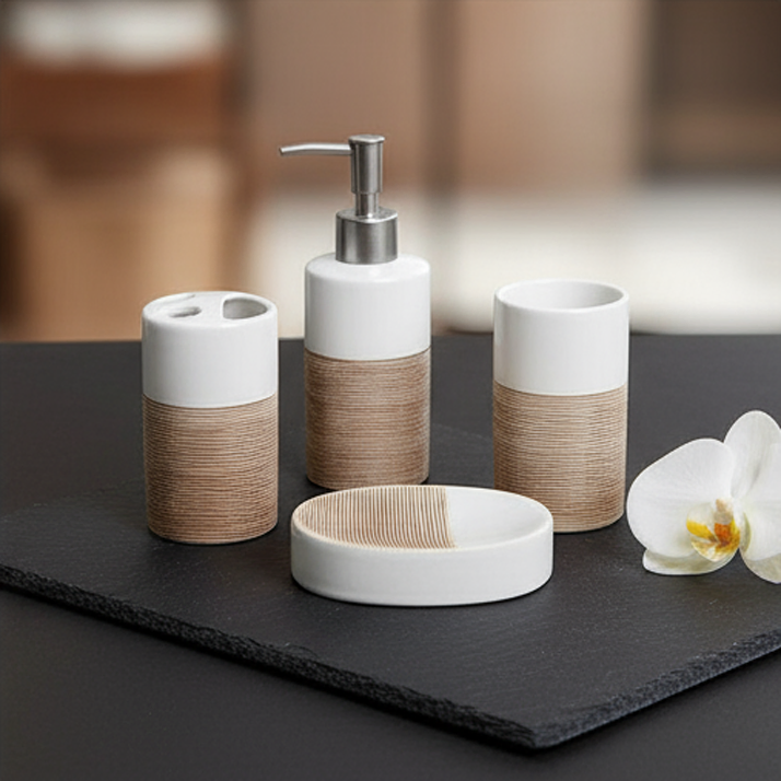Luxury 4-Piece Bathroom Set: Soap Dispenser, Toothbrush Holder, Tumbler