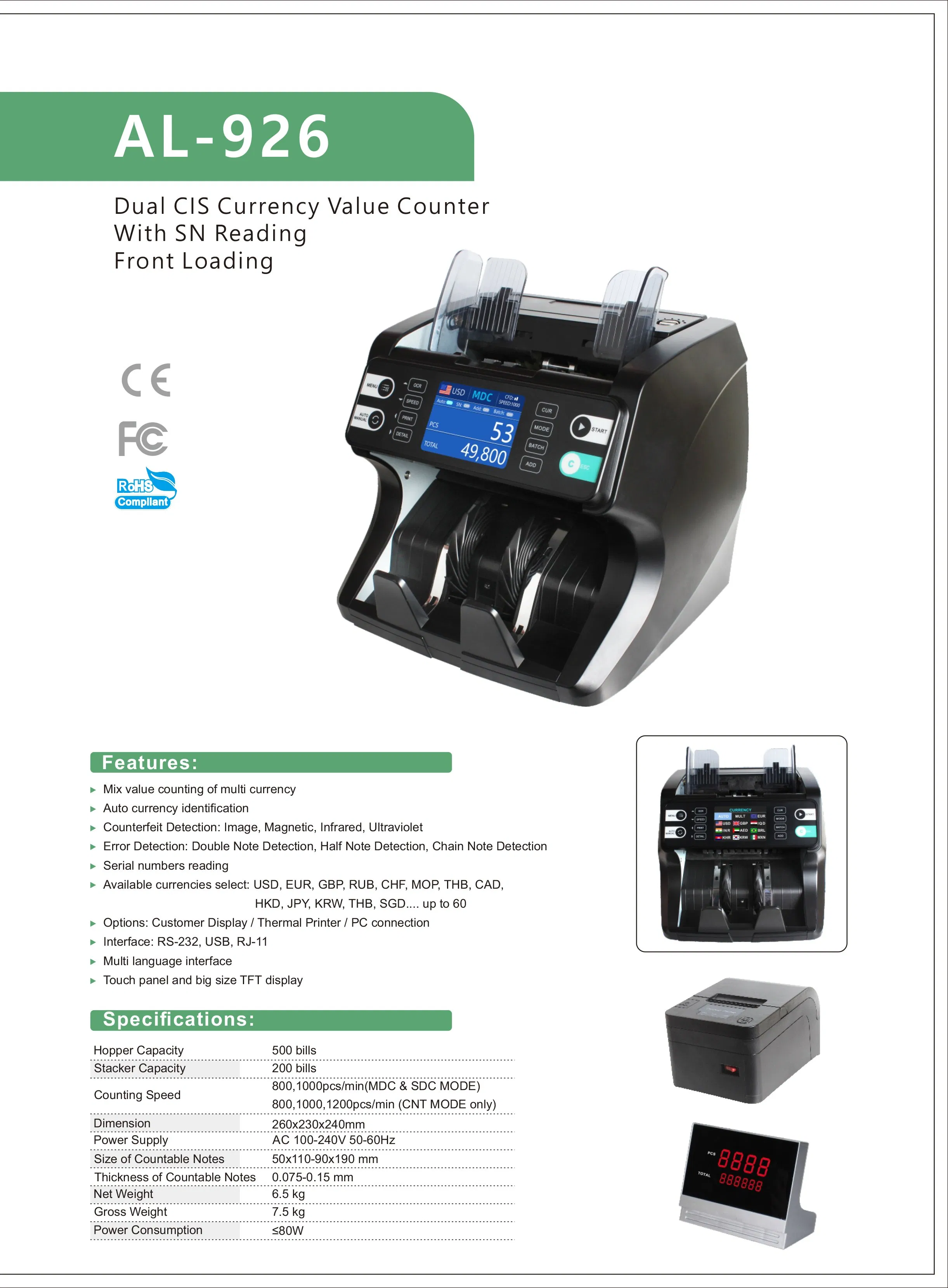 Bill Ounter with Cis Cash Counting Machine Counterfeit Detector Currency Counting Machines Financial Equipment Banknote Value Counter