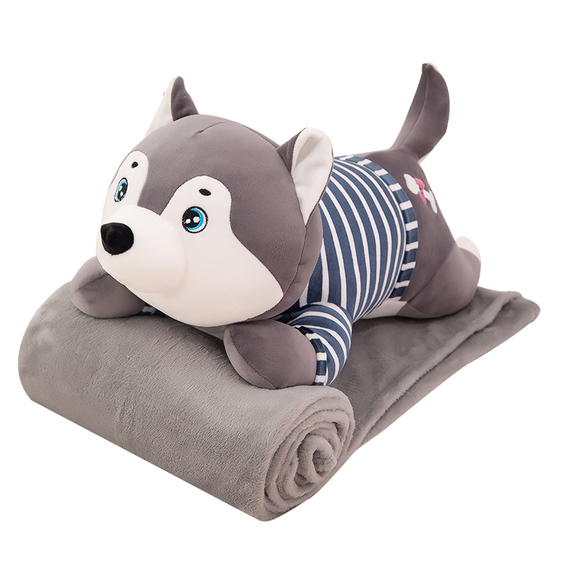 Soft Stuffed Plush Husky Dog Toy Kids Cushion with Flannel Blanket