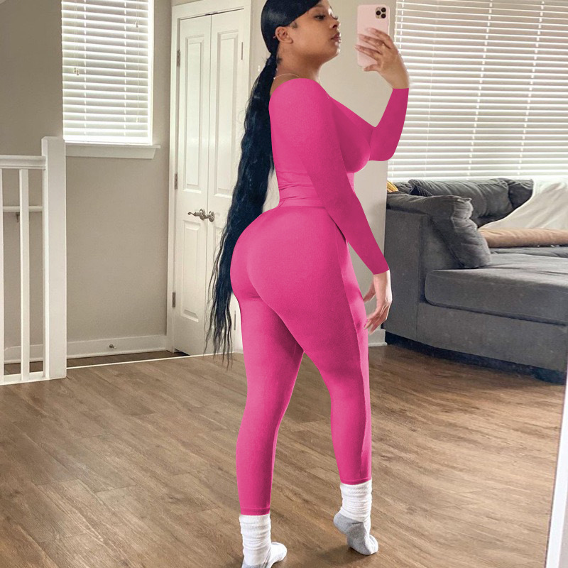 Комплект спортивный женский леггинсы в рубчик и топ с длинным рукавом