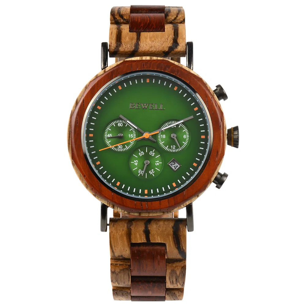 Men's Quartz Chronograph Watches Casual Sport Round Wooden Watch Buckle Clasp