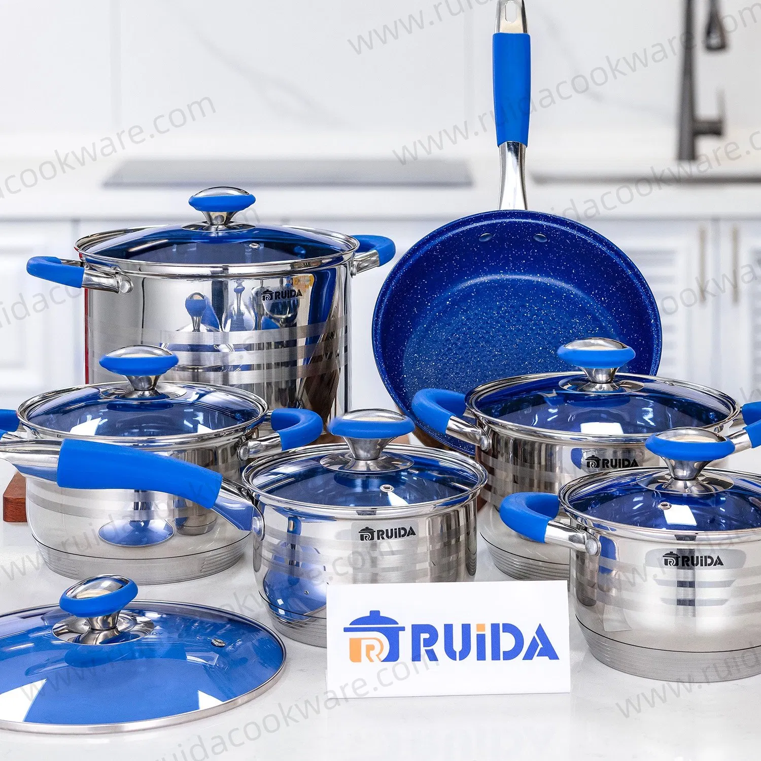 Customized Kitchen Appliance Blue Silicone Stainless Steel Kitchenware Set Cookware