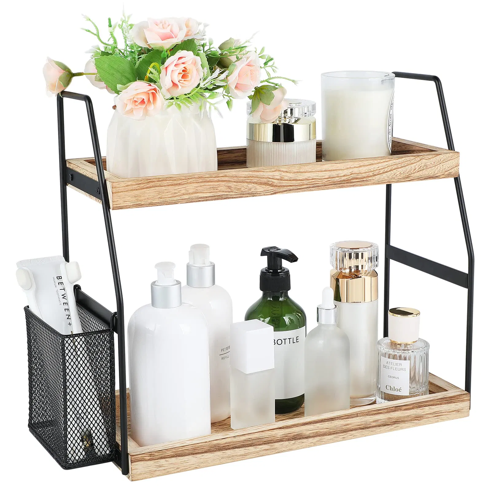 Bathroom Organizer Countertop 2-Tier Standing Counter Wood Tray for Kitchen Vanity Organizer