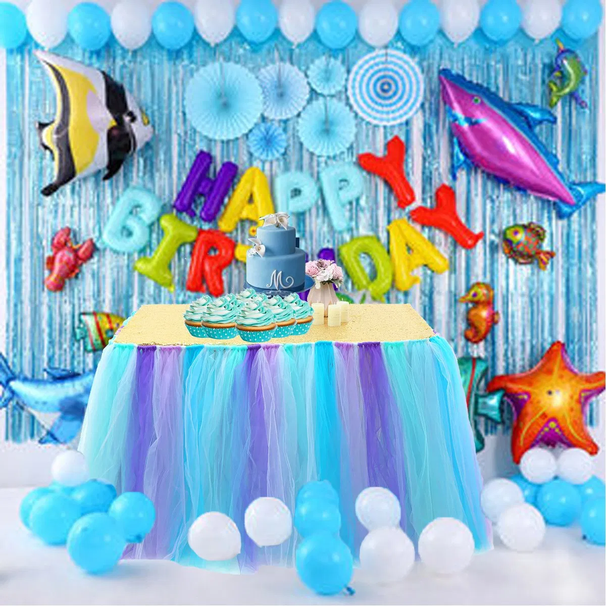 Mermaid Rainbow Tulle Tutu Table Skirts Tablecloth Double Layer Satin Willows with Glossy Organza for Birthday Party Decorations