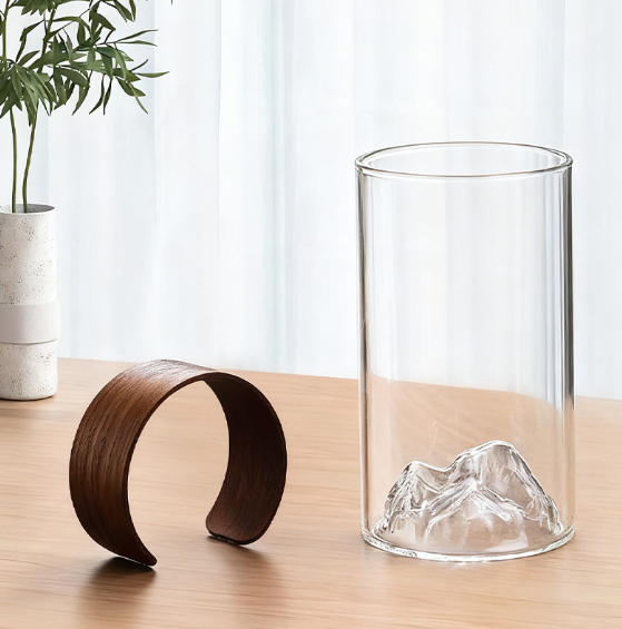 Heat-Resistant Glass Mountain View Cup with Bamboo Ring Design