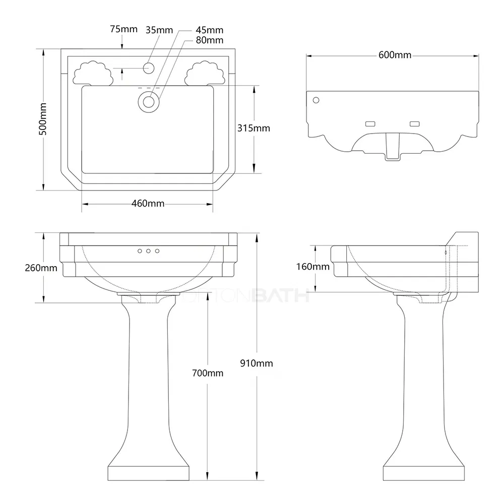 Ortonbath Floor Standing Pedestal Lavatory White Ceramic Predrilled Tap Hole Pedestal Basin Rectangle Ceramic Wash Basin Pedestal Sink