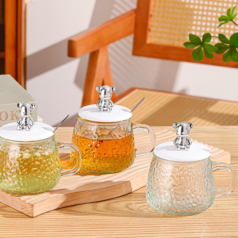 High Appearance Ins Coffee Cup Bear Glass Mug Water Mug with Hand Greeting Handle Black Tea Mug