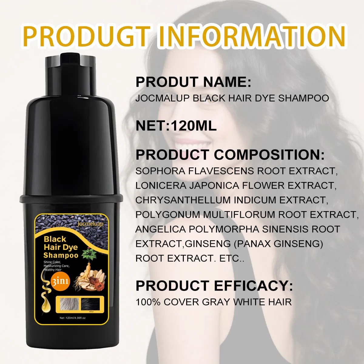 Wholesale OEM Natual Ammonia Free Dark Brown Colour Permanent 3 in 1 Color Cover Gray White Hair Herbal Black Hair Dye Shampoo
